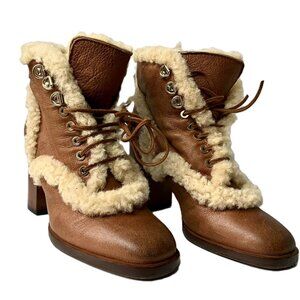 Laurence Decade Paris Shearling Lace-Up Ankle Boots Leather Heeled Boots EU 39
